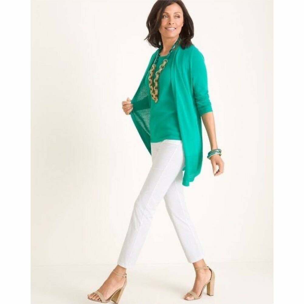 New Chico’s Women’s Teal Green Open Front Stitch Detail Cardigan
